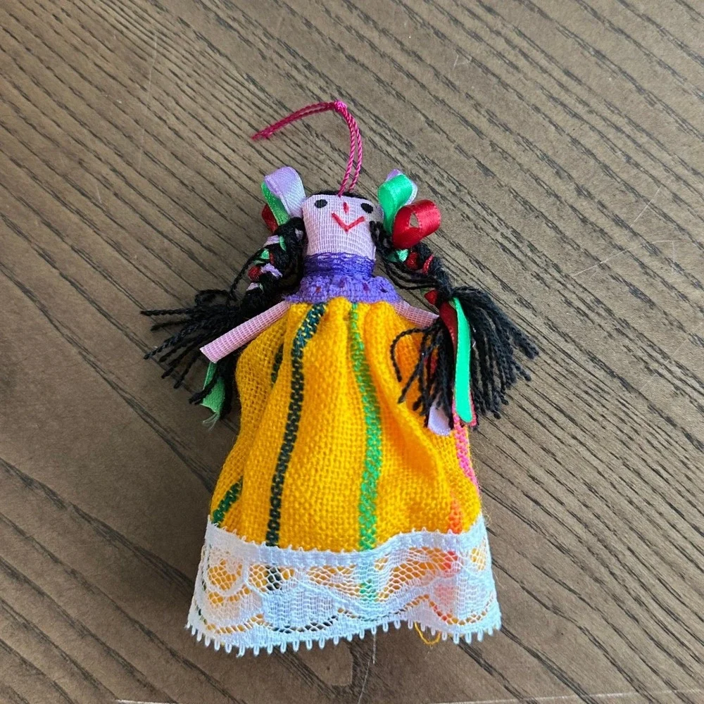 Vintage Mexican Rag Doll Ornament Handcrafted Folk Art Yellow Dress Lace 4 Inch